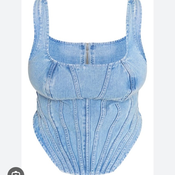 PLT PLUS VINTAGE LIGHT WASH SEAM DETAIL DENIM CORSET SEXY BUSTIER STYLE JEAN TOP - Picture 3 of 13